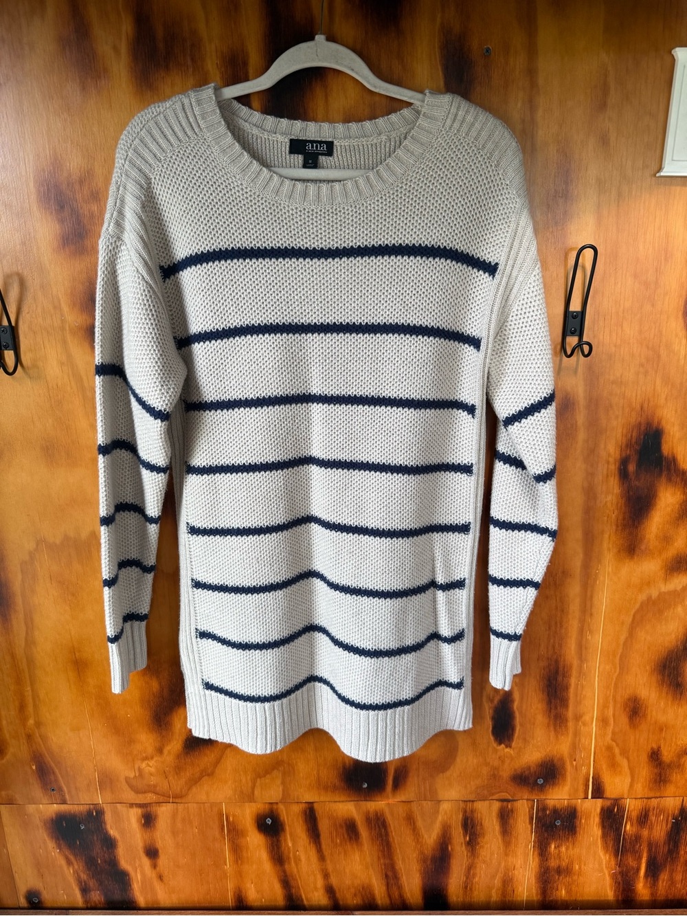 a.n.a Cream Crewneck Sweater with Navy Stripes